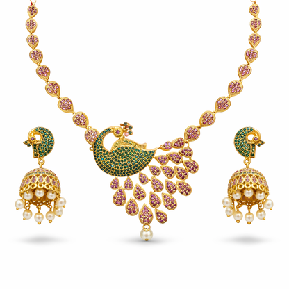 Royal Peacock Necklace Set with Jhumka Earrings - Gold Plated Heritage Jewelry - Riwaaj