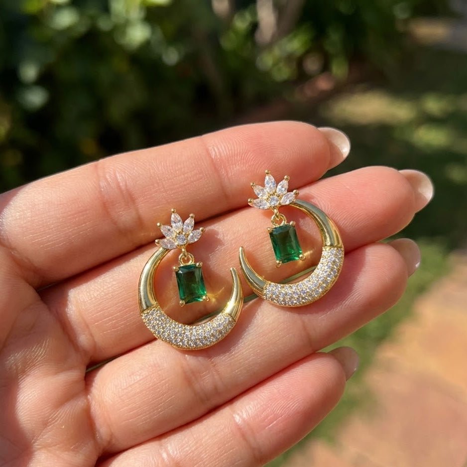 Gold Plated Crescent Lotus Drop Earrings with Zirconia Stones - Riwaaj