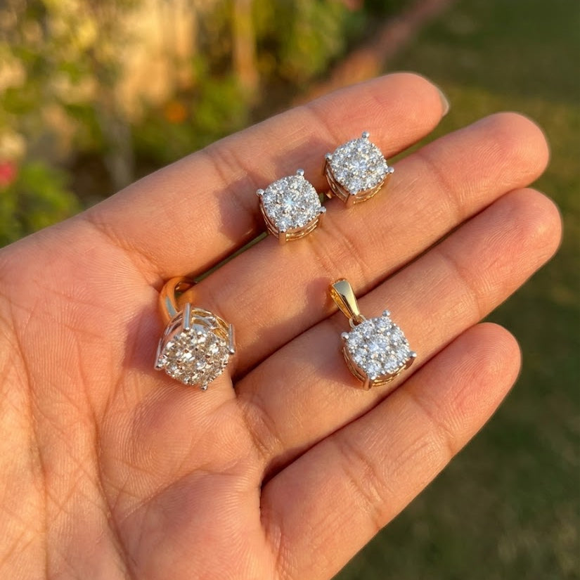 Square Cluster Zirconia Jewelry Set - 3 Piece Gold Silver Plated