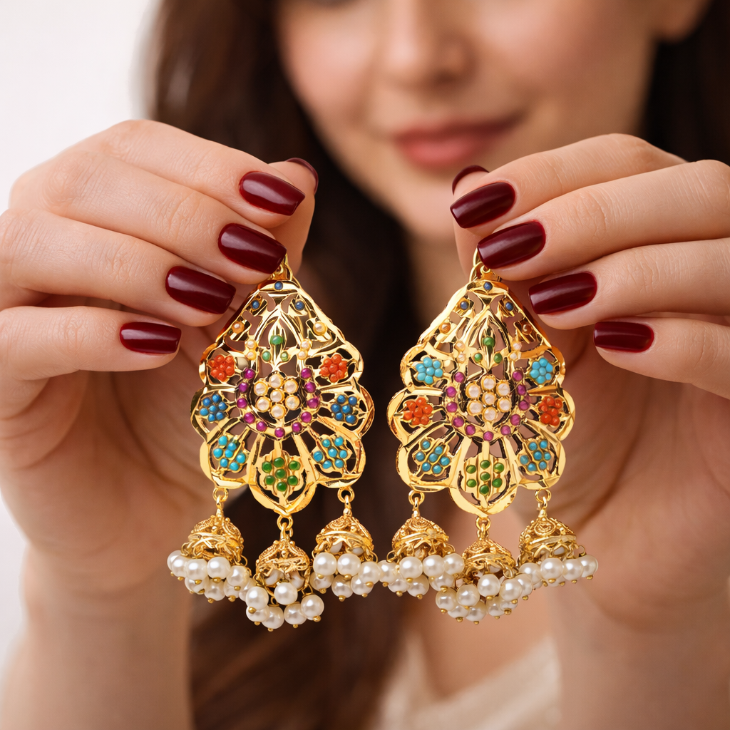 Multi Navratan Jhumka Earrings - Gold Plated with Ruby & Emerald