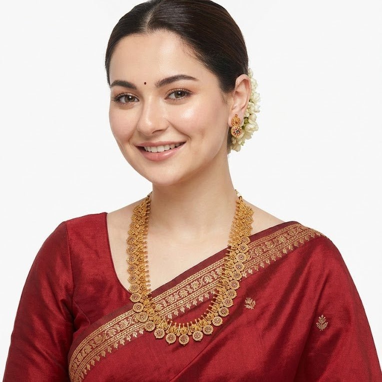 Golden Coin Medallion Necklace Set - Long Chain Temple Jewelry Gold Plated - Riwaaj
