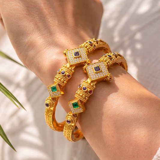 Geometric Motif Bangle Pair – 22K Gold Plated | Ruby & Emerald Stone