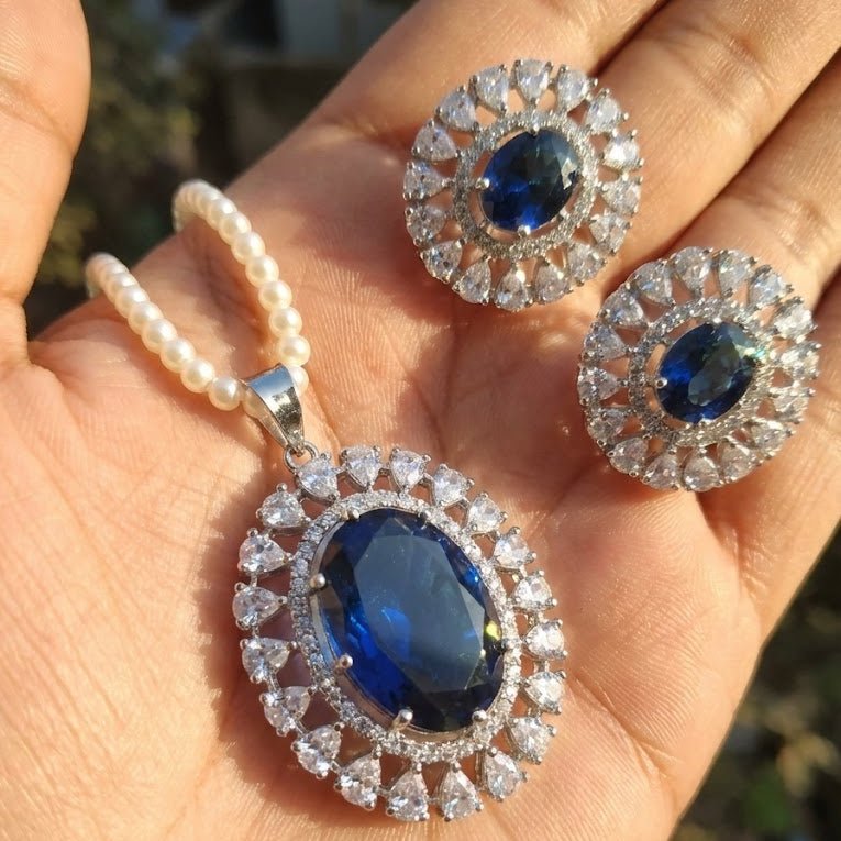 Empress Oval Pendant Set - Rhodium Plated Zirconia Necklace & Earrings - Riwaaj