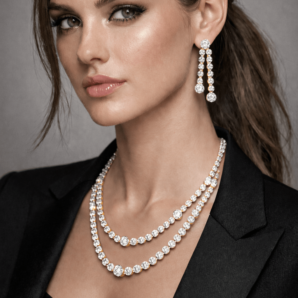 Crystal Glitz Multi - Strand Necklace Set - Silver Plated Luxury Jewelry - Riwaaj