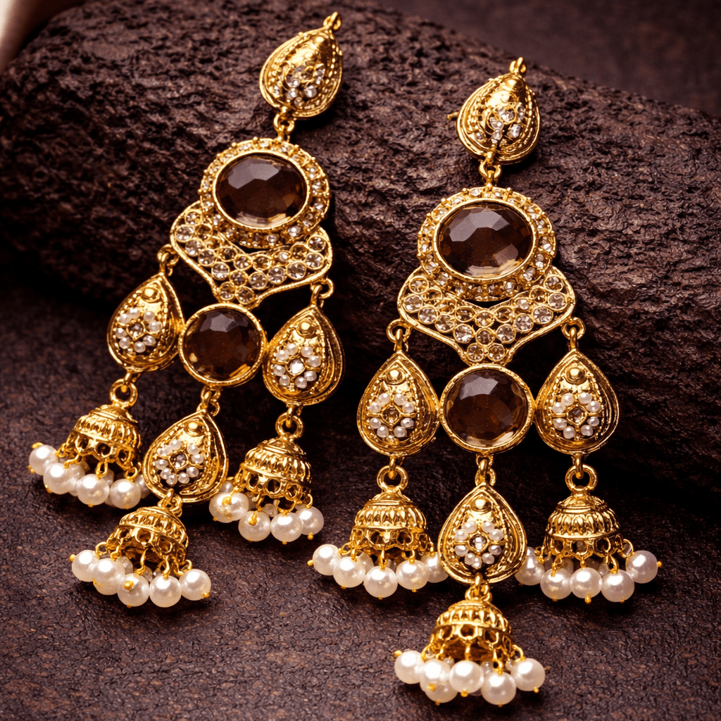 Antique Gold Jhumka Chandelier Earrings – Ruby Kundan & Pearl Drops - Riwaaj