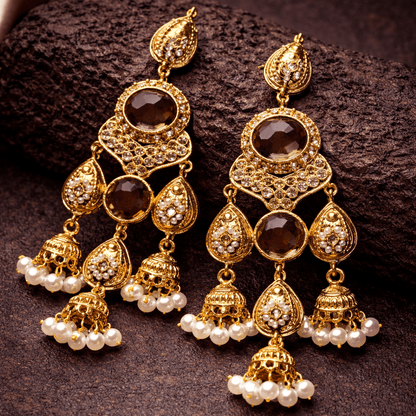 Antique Gold Jhumka Chandelier Earrings – Ruby Kundan & Pearl Drops - Riwaaj