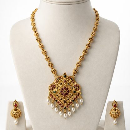 Royal Long Chain Necklace Set with Jhumka Earrings - Filigree Antique Gold