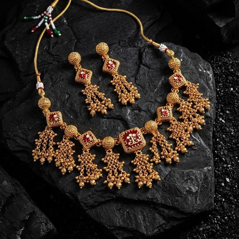 Luminous Meenakari Enamel Jewelry Set with Tassel Earrings - Gold Plated - Riwaaj