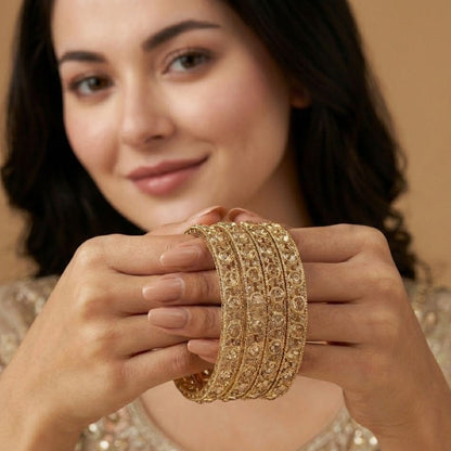 Antique Gold Plated Bangle Set - 4 Piece Vintage Style - Riwaaj