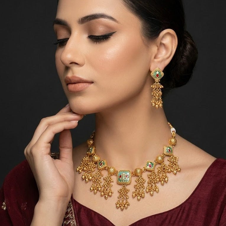 Luminous Meenakari Enamel Jewelry Set with Tassel Earrings - Gold Plated - Riwaaj