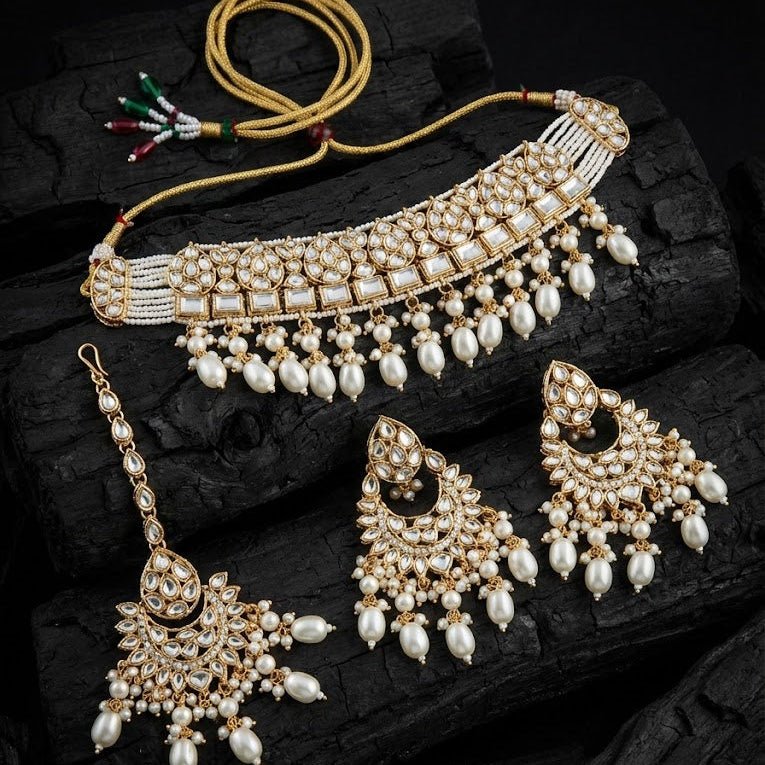 Mehtab Mirror - Work Kundan Jewelry Set - 4 Piece Gold Plated - Riwaaj