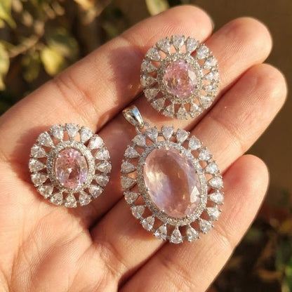 Empress Oval Pendant Set - Rhodium Plated Zirconia Necklace & Earrings - Riwaaj