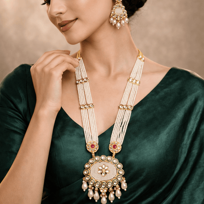 Kundan Floral Pearl Maala Necklace & Pearl Drop Earring Set – 22K Gold Plated - Riwaaj