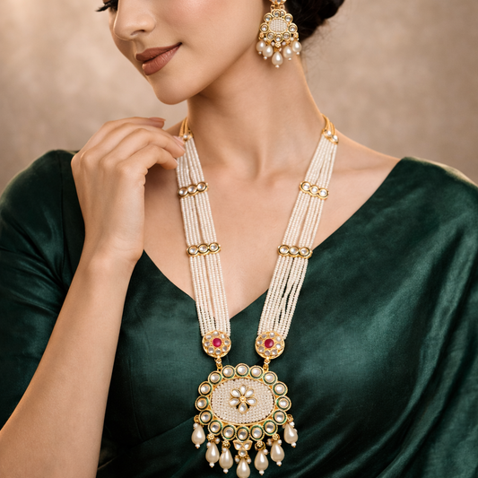 Kundan Floral Pearl Maala Necklace & Pearl Drop Earring Set – 22K Gold Plated