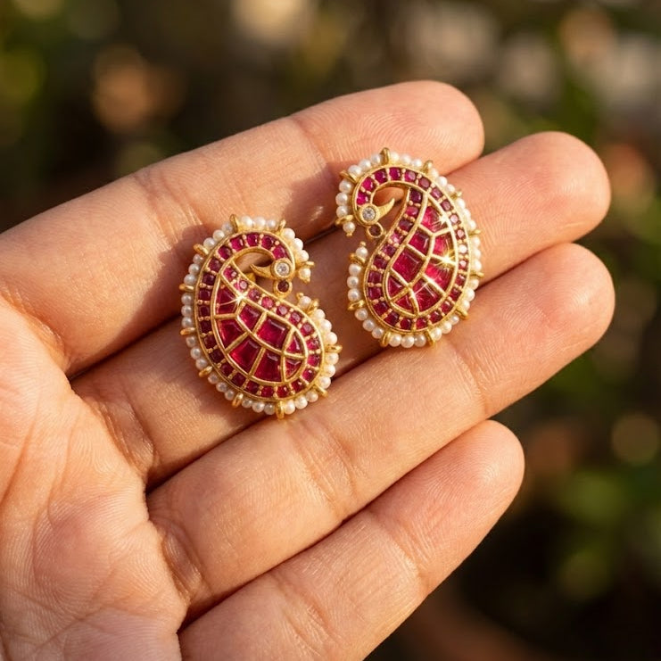 Gold Plated Paisley Drop Earrings with Ruby Pink Stones & Pearls