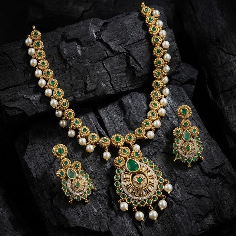 Heritage Crescent Moon Long Chain Necklace Set with Pearl Drops - Gold Plated - Riwaaj