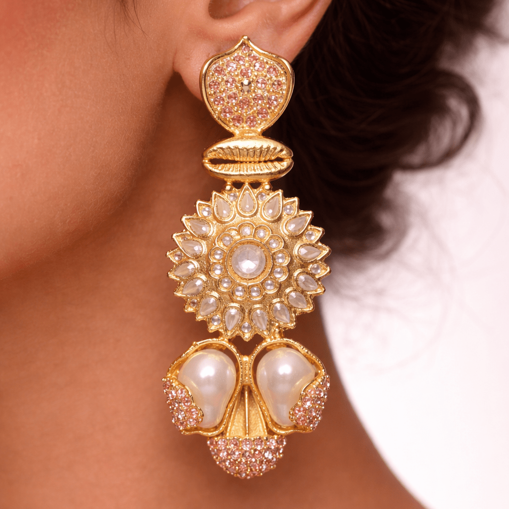 Sahiba Mandala Drop Earrings – 22K Gold Kundan with Pearl Drops - Riwaaj