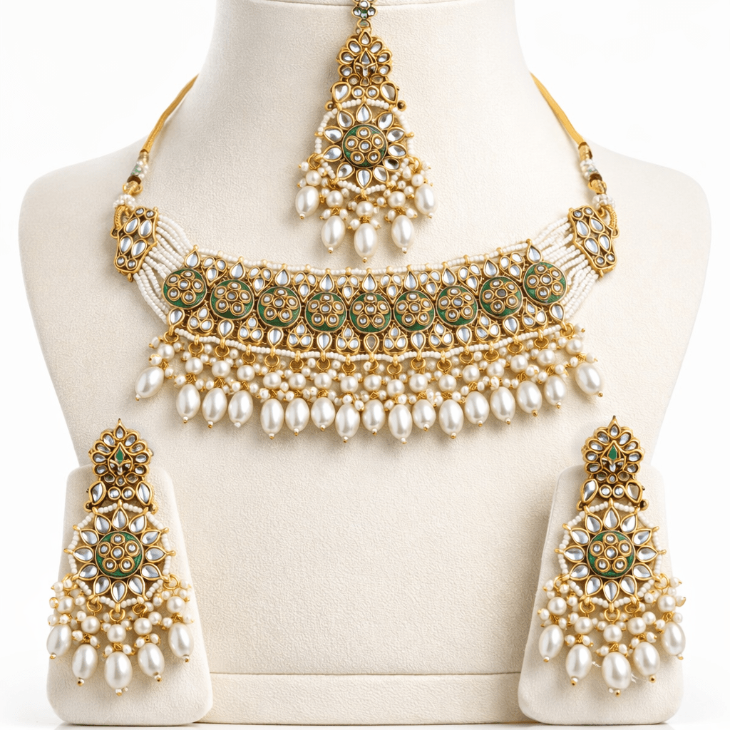 Riwayat Mirror - Work Kundan Jewelry Set - 4 Piece Gold Plated - Riwaaj