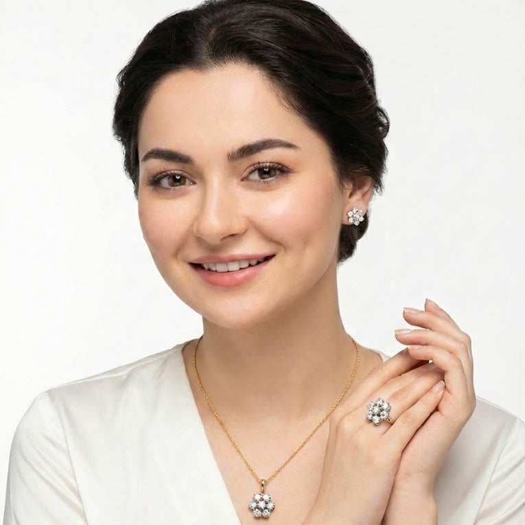Dual Tone Floral Jewelry Set with Zirconia Stones - 3 Piece
