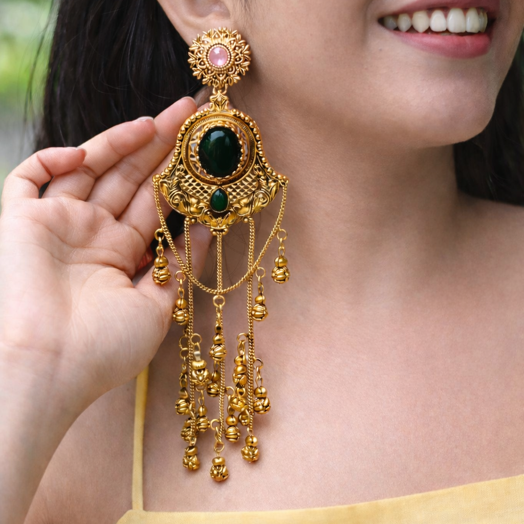 Sabz Kashmiri Long Earrings – 22K Dull Gold Handmade Statement Drops