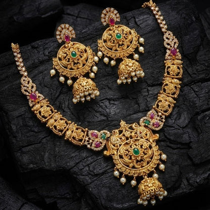 Royal Filigree Jewelry Set with Jhumka Earrings - Antique Gold Plated - Riwaaj