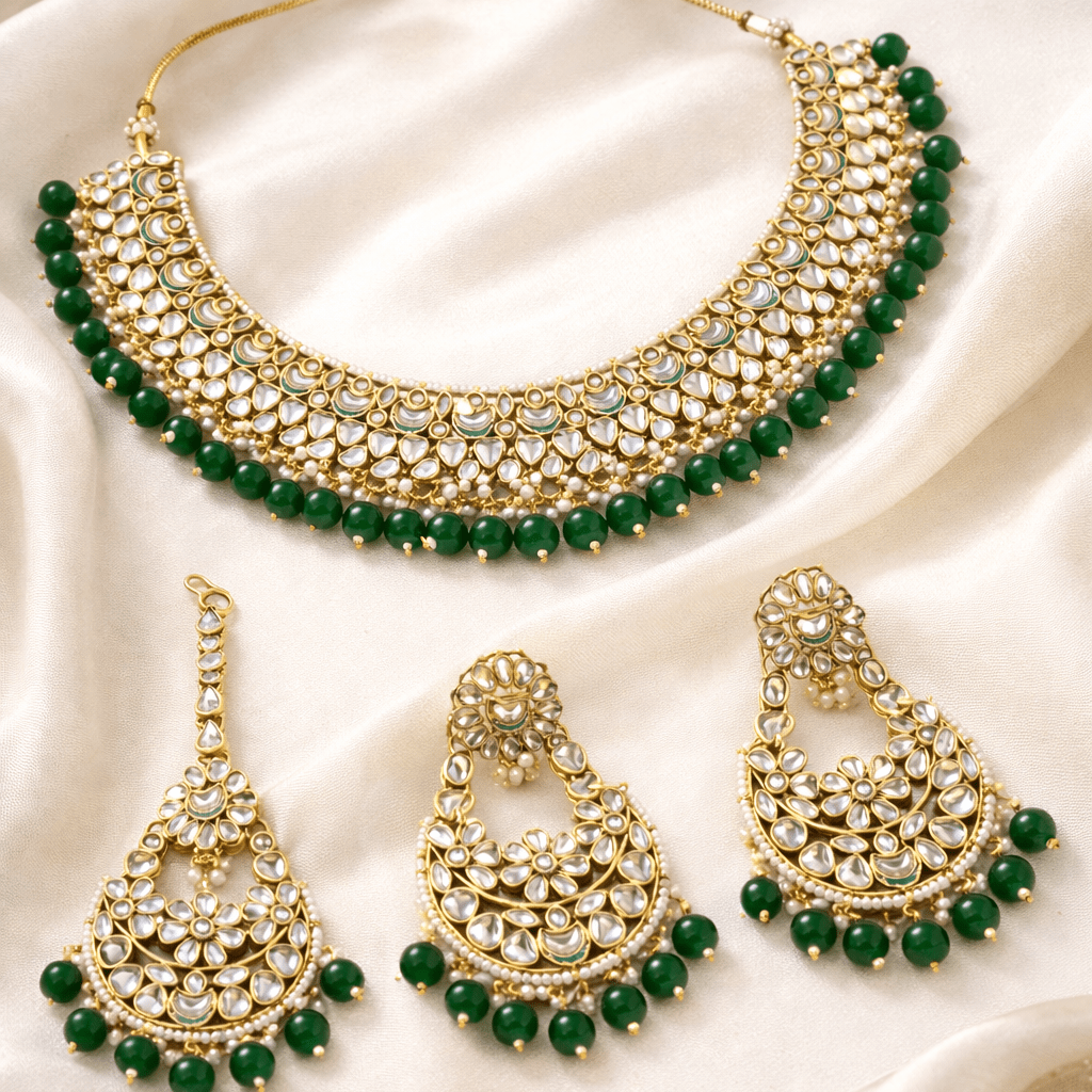 Luxury Kundan Jewelry Set - Necklace, Earrings & Teeka - Riwaaj
