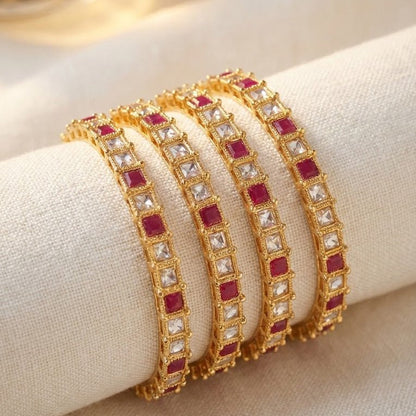 Gold Plated Square - Cut Bangle Set - 4 Piece with Ruby & Crystal Stones - Riwaaj