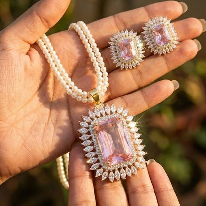 Celestial Glow Pendant Set - Rhodium Plated Zirconia Necklace & Earrings - Riwaaj