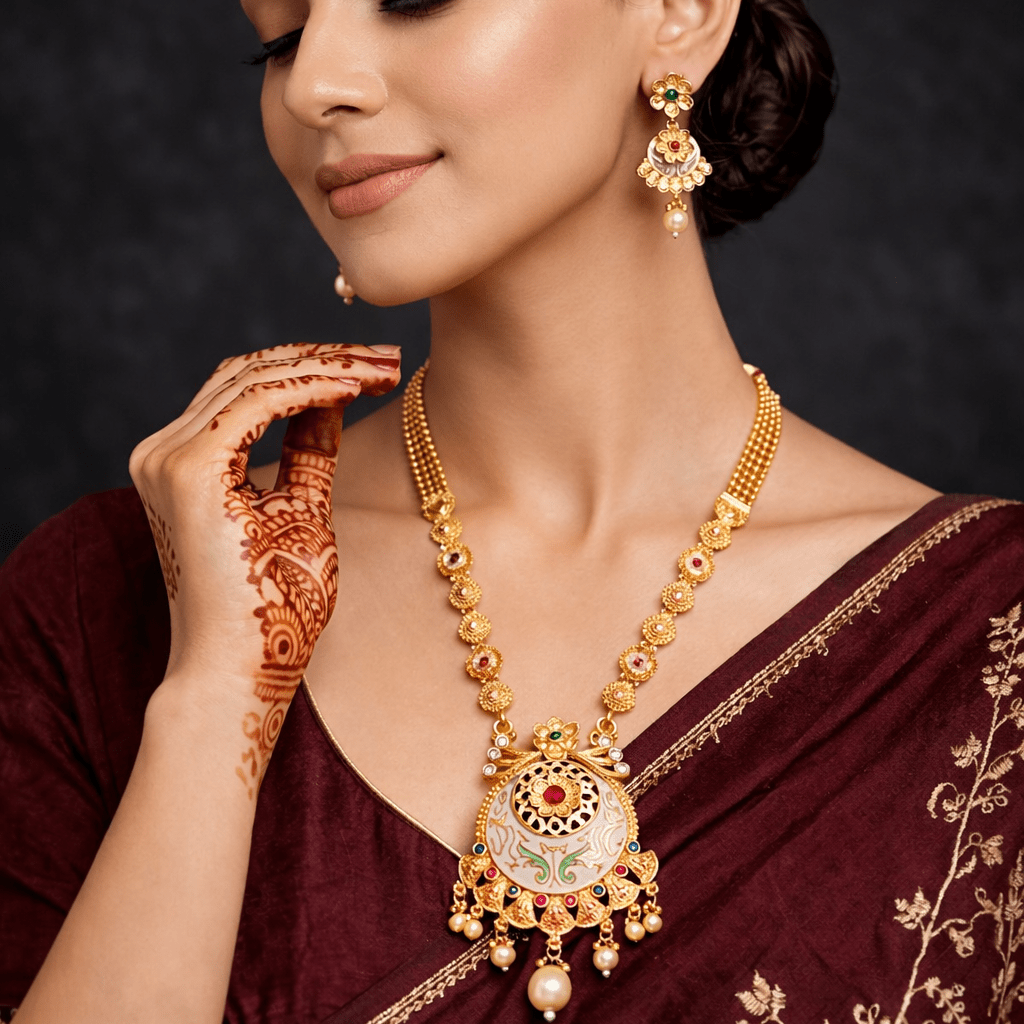 Mughal Floral Medallion Necklace & Earring Set – 22K Gold Plated | Meenakari & Pearl Drop | - Riwaaj