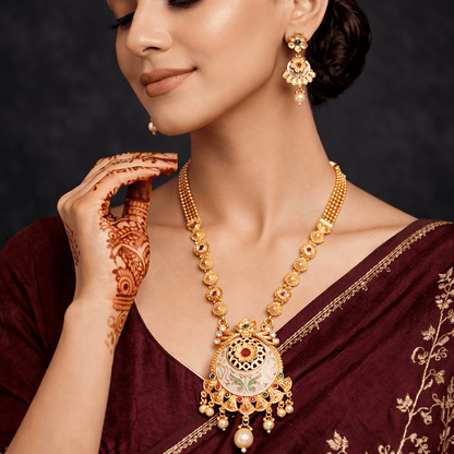 Mughal Floral Medallion Necklace & Earring Set – 22K Gold Plated | Meenakari & Pearl Drop | - Riwaaj