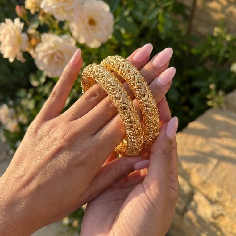 Gold Plated Hand - Carved Openable Bangle Set - 2 Piece - Riwaaj