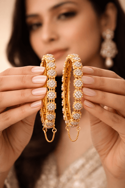 22K Gold Plated Zirconia Bangle | Adjustable Cuff Bracelet - Riwaaj