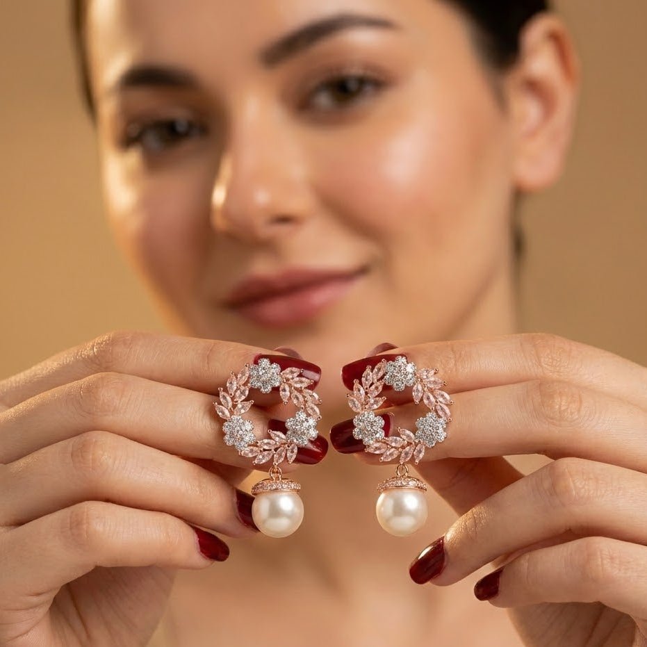 Rose Gold Floral Blossom Drop Earrings - Riwaaj