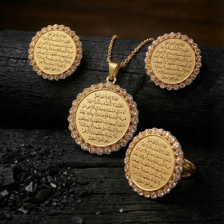 Ayat al - Kursi Locket Set – 22K Gold Plated | 3 - Piece Islamic Jewellery Set | Earrings, Pendant & Ring - Riwaaj