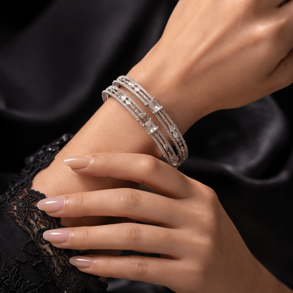 Hoorain Zirconia Bangles - 22K Silver Plated Diamond - Cut Bracelets - Riwaaj