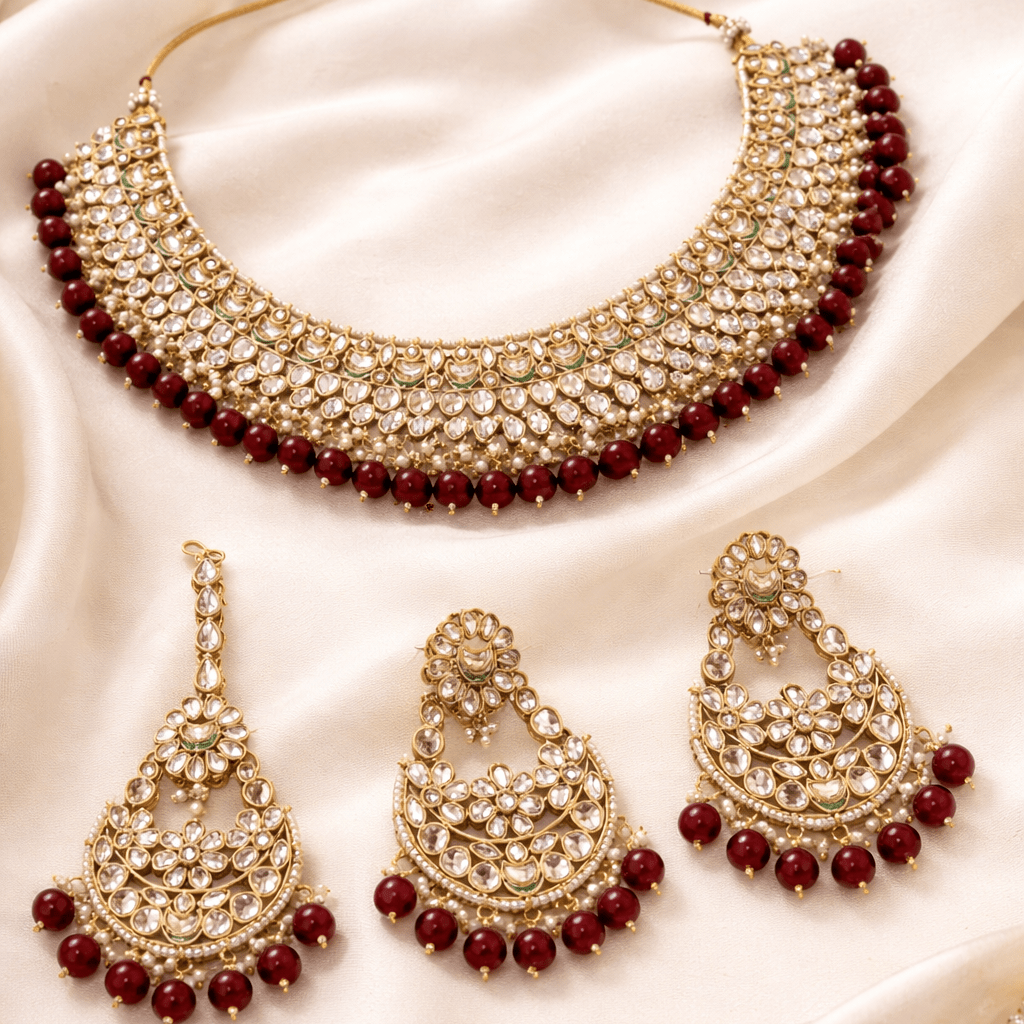 Luxury Kundan Jewelry Set - Necklace, Earrings & Teeka - Riwaaj