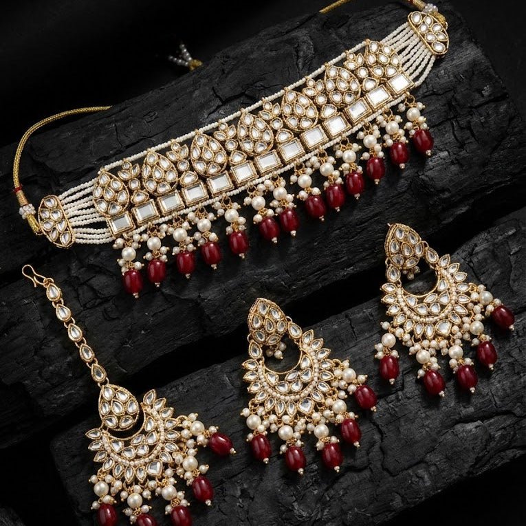 Mehtab Mirror - Work Kundan Jewelry Set - 4 Piece Gold Plated - Riwaaj