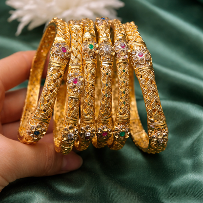 Textured Floral Choori Bangle Set – 22K Gold Plated | Ruby & Emerald Stone | Set of 6 |