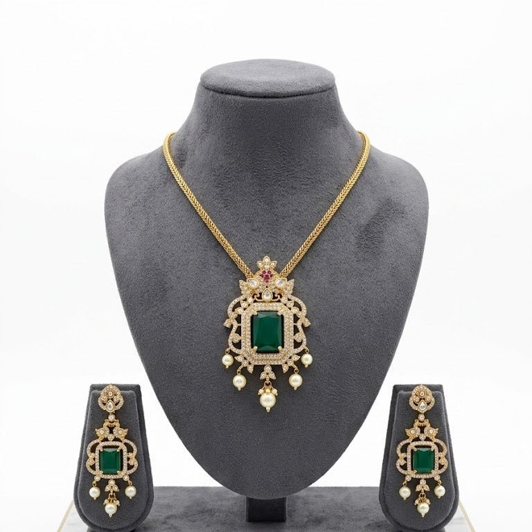 Regal Jadau Kundan Necklace Set with Rectangular Gemstones & Pearl Drops - Riwaaj