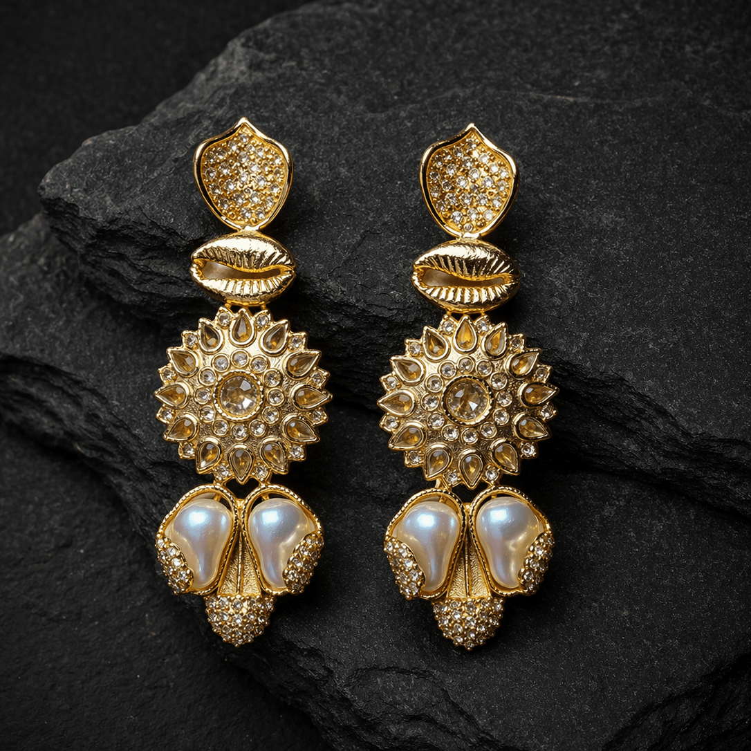 Sahiba Mandala Drop Earrings – 22K Gold Kundan with Pearl Drops - Riwaaj