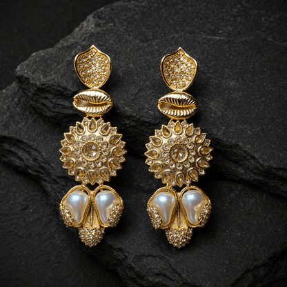 Sahiba Mandala Drop Earrings – 22K Gold Kundan with Pearl Drops - Riwaaj