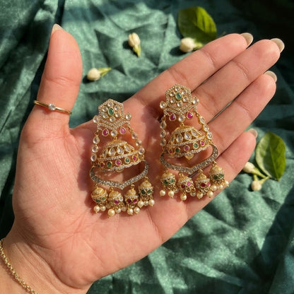 Majestic Chandbali Jhumka Earrings – Gold Kundan with Ruby & Emerald Drops