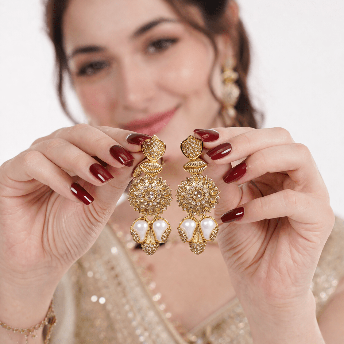 Sahiba Mandala Drop Earrings – 22K Gold Kundan with Pearl Drops - Riwaaj