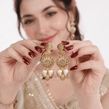 Sahiba Mandala Drop Earrings – 22K Gold Kundan with Pearl Drops - Riwaaj