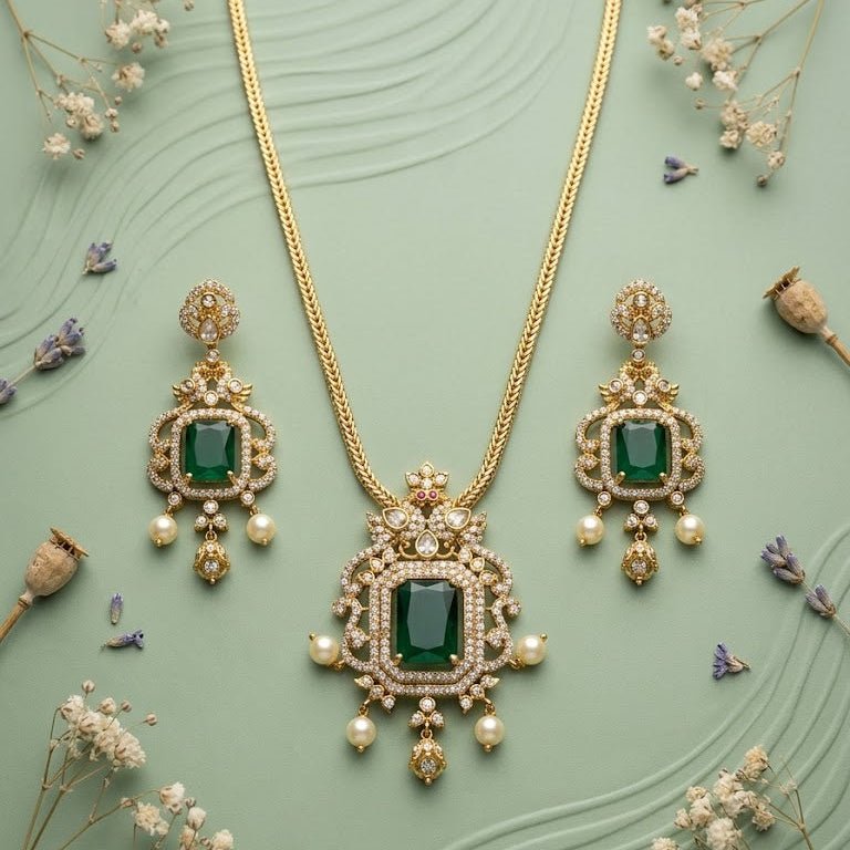 Regal Jadau Kundan Necklace Set with Rectangular Gemstones & Pearl Drops - Riwaaj
