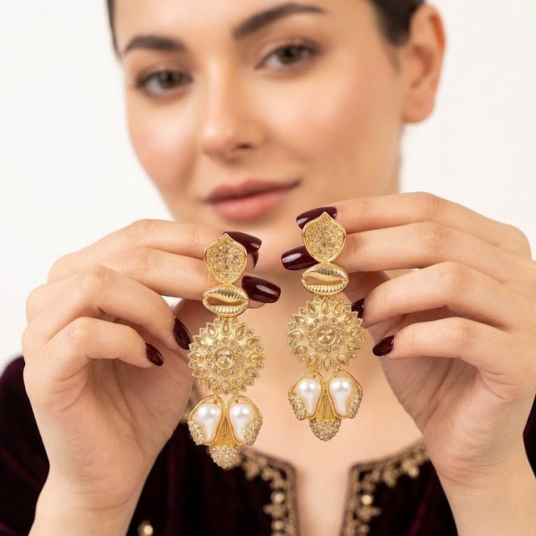 Sahiba Mandala Drop Earrings – 22K Gold Kundan with Pearl Drops - Riwaaj