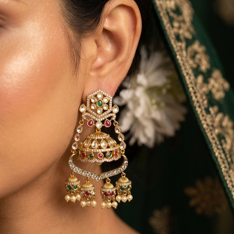 Majestic Chandbali Jhumka Earrings – Gold Kundan with Ruby & Emerald Drops
