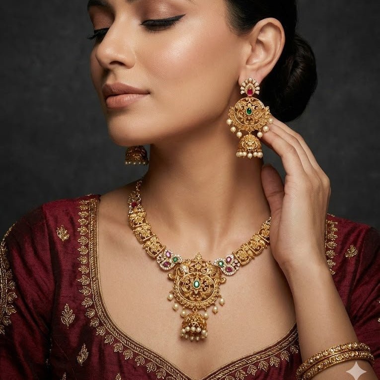 Royal Filigree Jewelry Set with Jhumka Earrings - Antique Gold Plated - Riwaaj