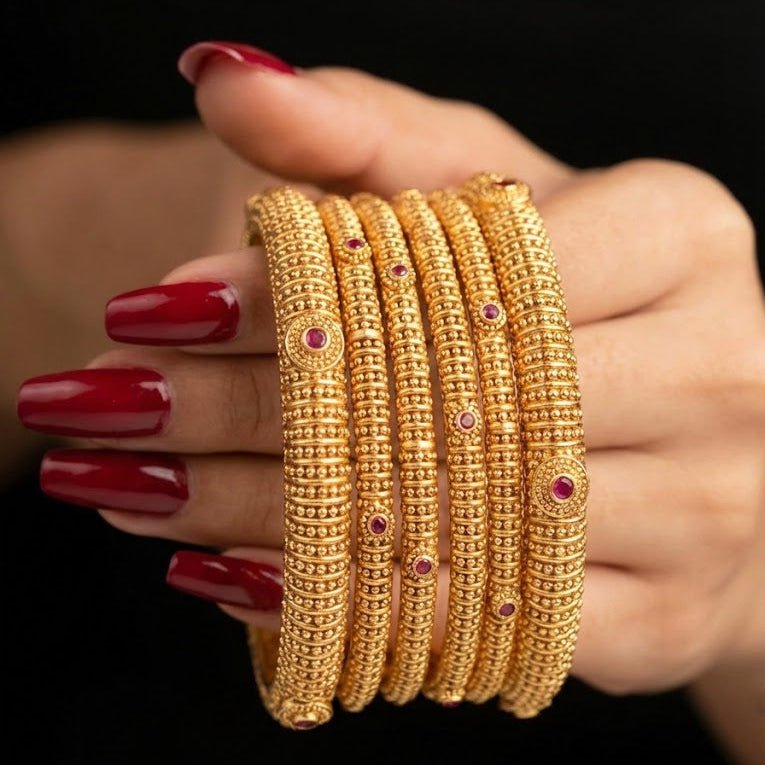 Gold Plated Bangle Set - 6 Piece with Ruby Stones & Beaded Design - Riwaaj