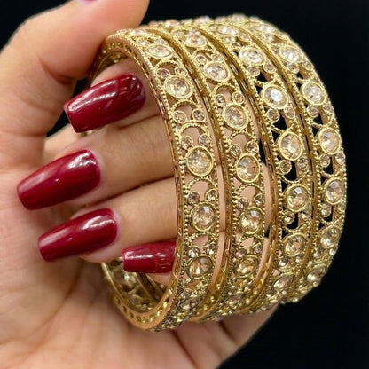 Antique Gold Plated Bangle Set - 4 Piece Vintage Style - Riwaaj